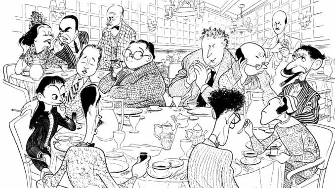 The famed Algonquin Round Table (by Al Hirshfeld); Dorothy Parker seated on the left.
